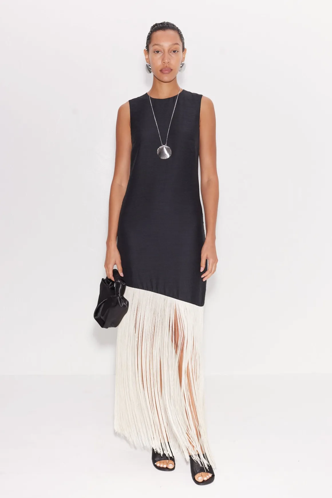 Casablanca Fringe Dress in Black/Seashell