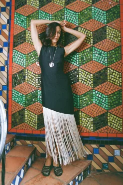 Casablanca Fringe Dress in Black/Seashell