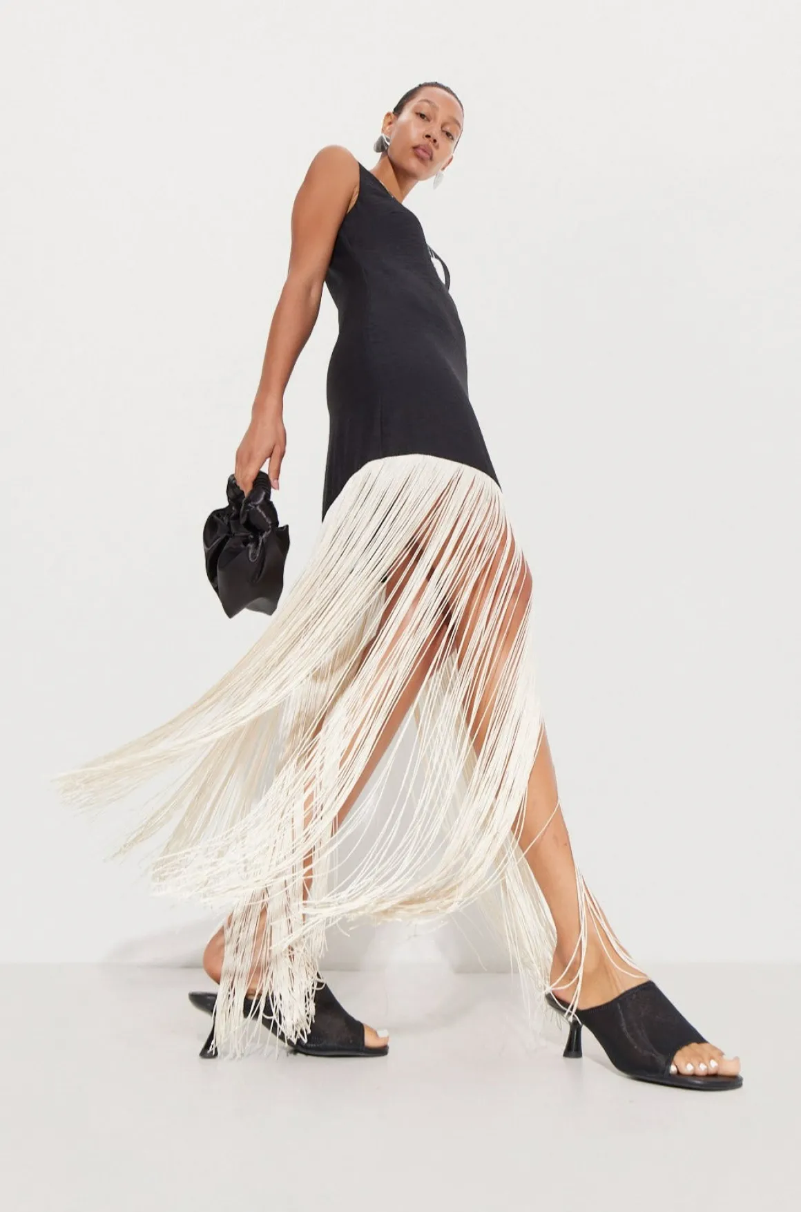 Casablanca Fringe Dress in Black/Seashell