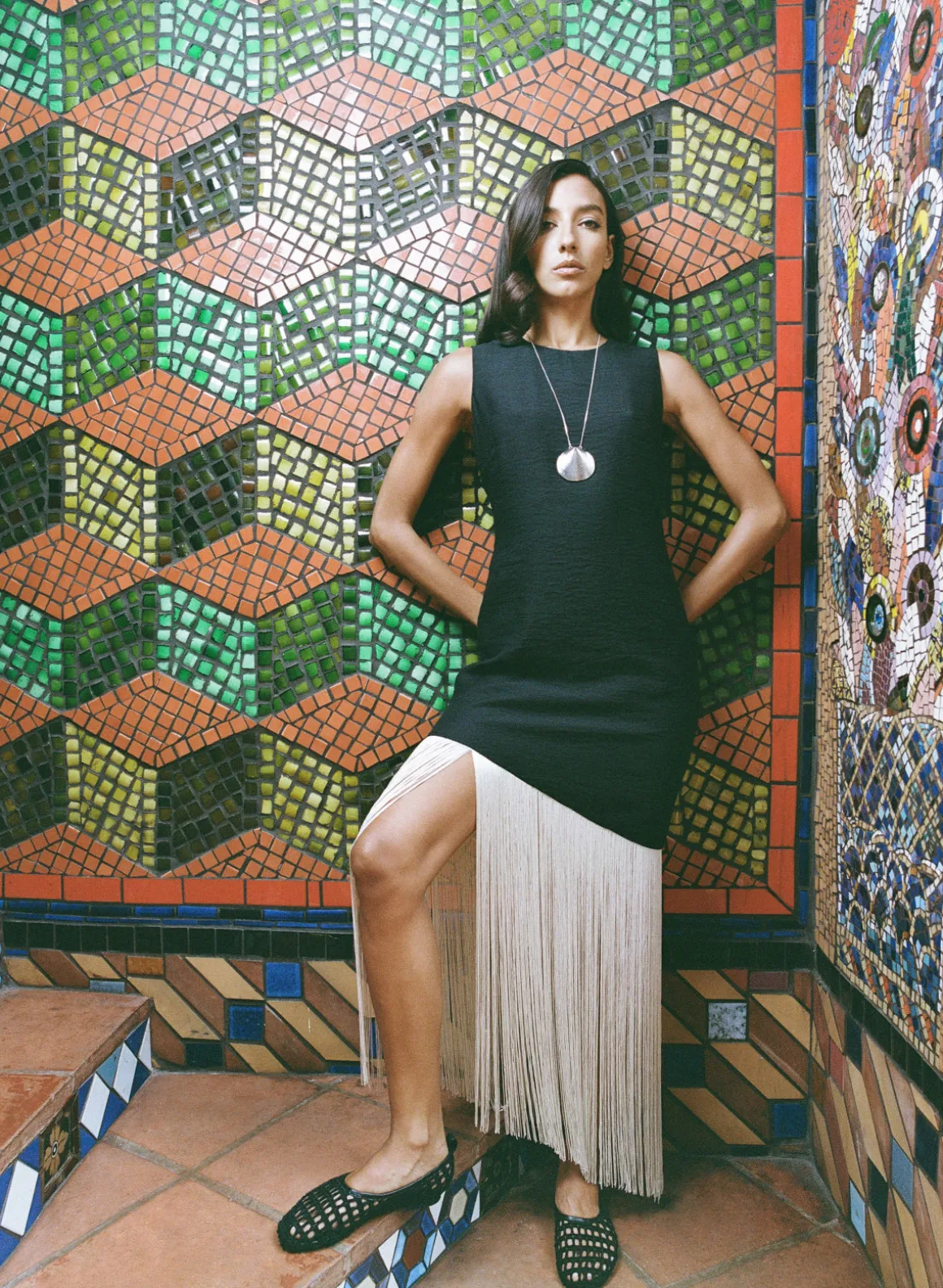 Casablanca Fringe Dress in Black/Seashell