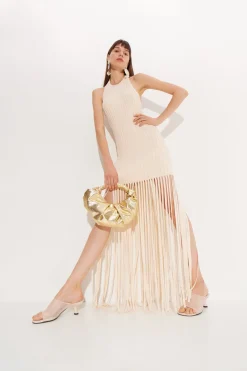 Junjo Fringe Knit Dress in Seashell