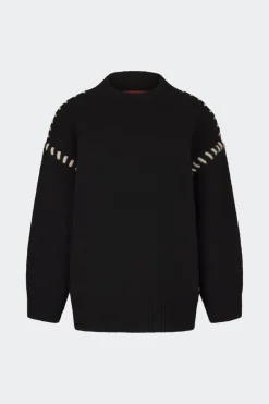 Leith Whipstitch Knit Sweater in Black with Cream