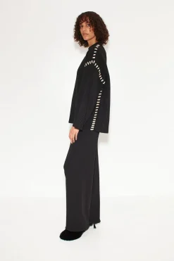 Leith Whipstitch Knit Sweater in Black with Cream