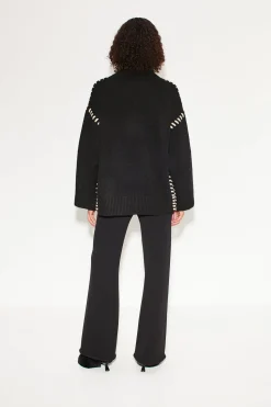 Leith Whipstitch Knit Sweater in Black with Cream