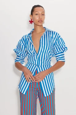 Loch Striped Poplin Button Up in Blue Stripe