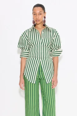 Loch Striped Poplin Button Up in Gummy Green/Ecru