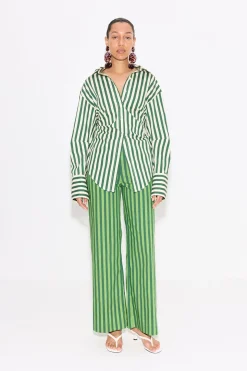 Loch Striped Poplin Button Up in Gummy Green/Ecru