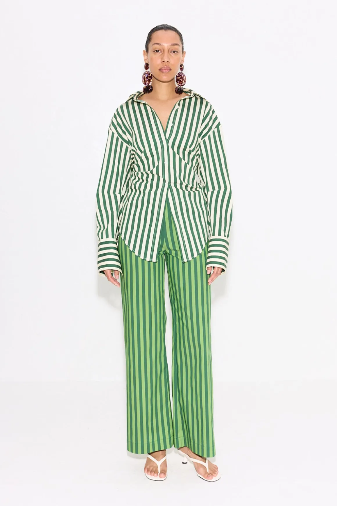 Loch Striped Poplin Button Up in Gummy Green/Ecru