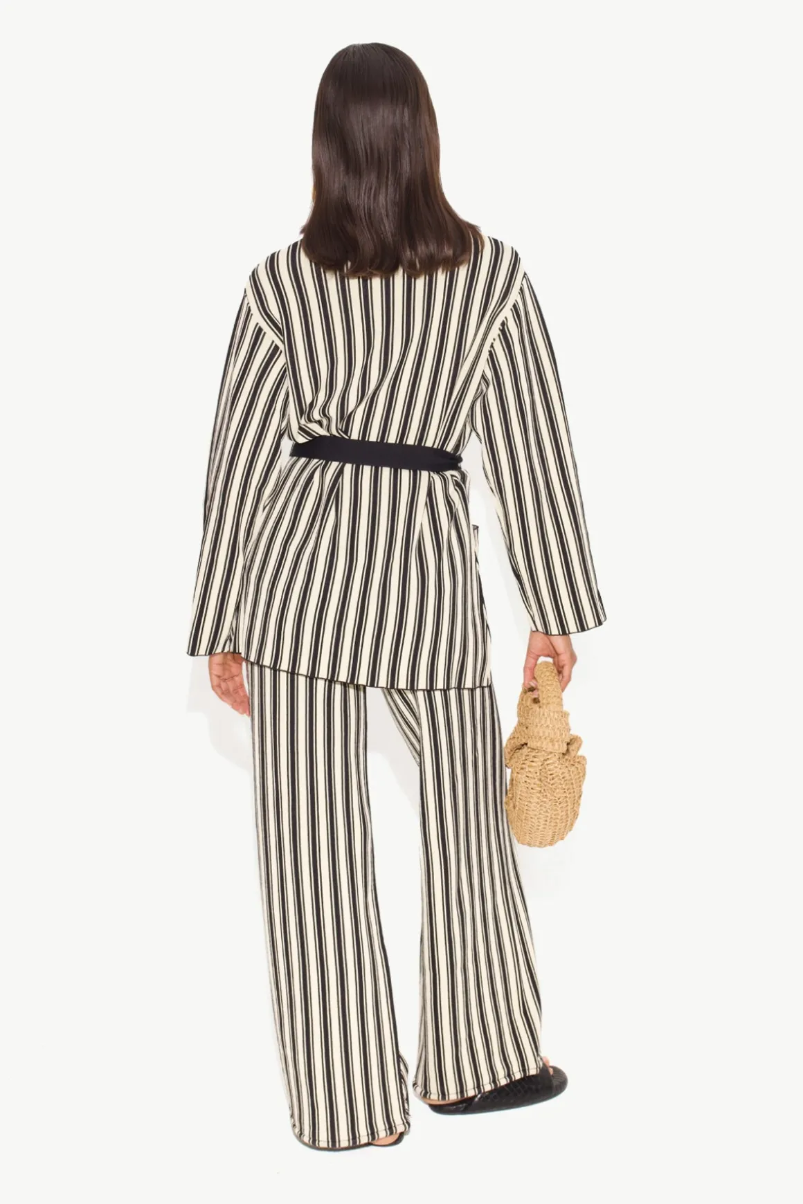 Max Belted Knit Cardigan in Black/Rice Flour Stripe