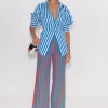 Pia Striped Poplin Pant in Blue/Paprika Stripe