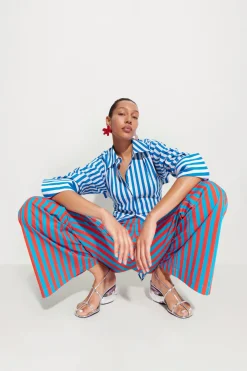 Pia Striped Poplin Pant in Blue/Paprika Stripe