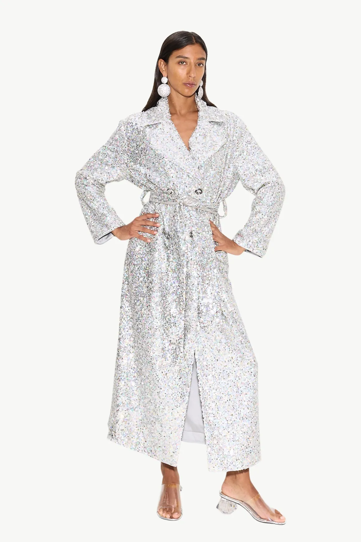 Rhodes Sequin Trench Coat in Iridescent