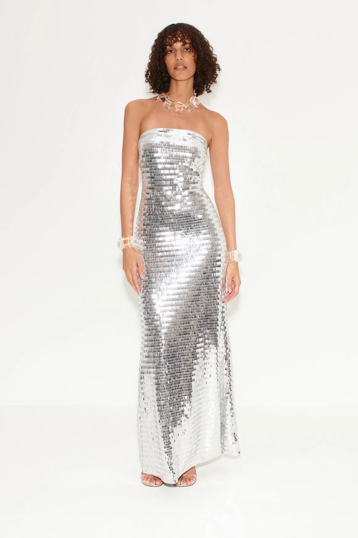 Sculpty Strapless Sequin Dress in Satellite Silver
