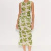 Tangier Printed Mesh Dress in Green/Seashell Floral