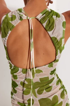 Tangier Printed Mesh Dress in Green/Seashell Floral