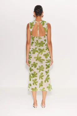 Tangier Printed Mesh Dress in Green/Seashell Floral