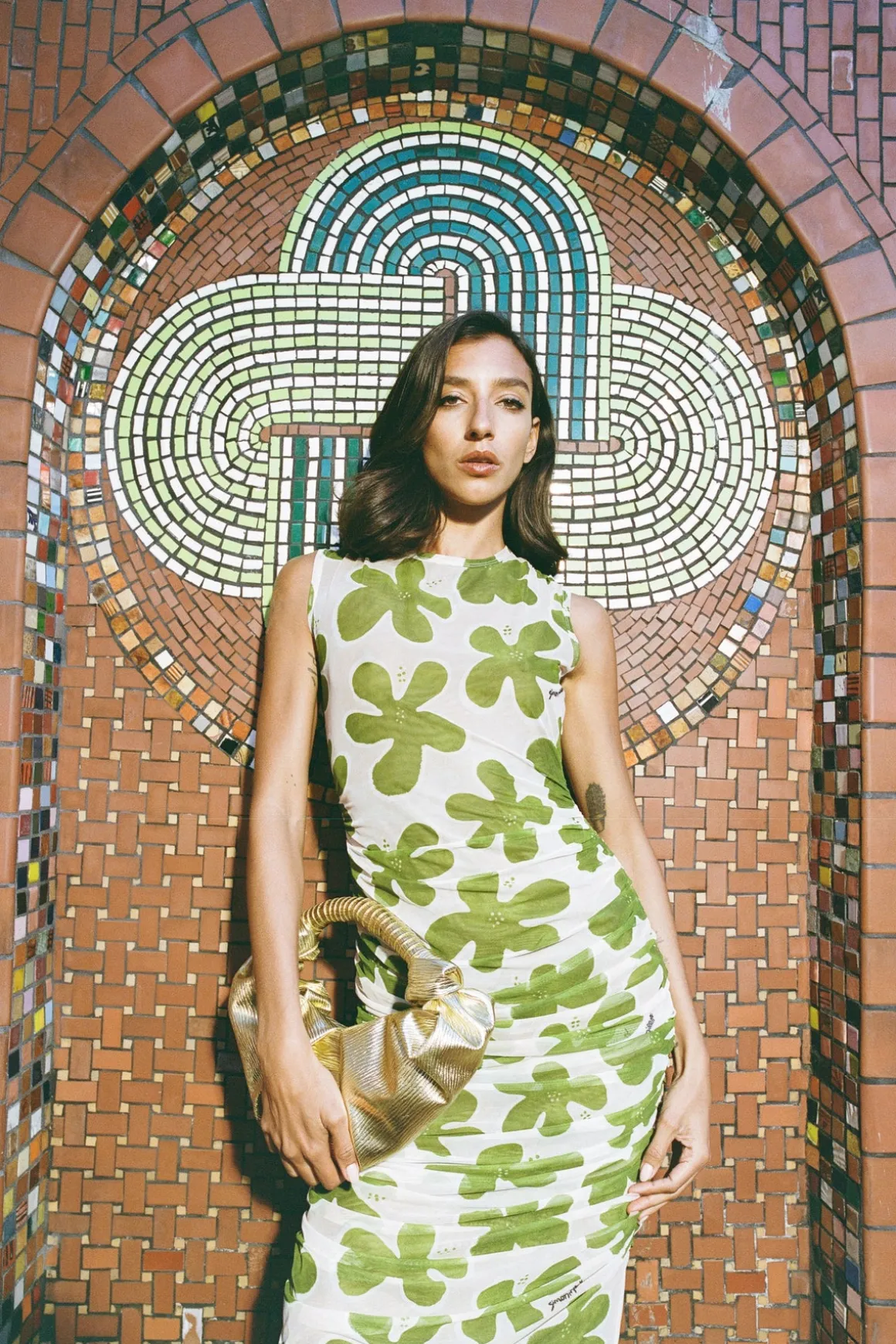 Tangier Printed Mesh Dress in Green/Seashell Floral