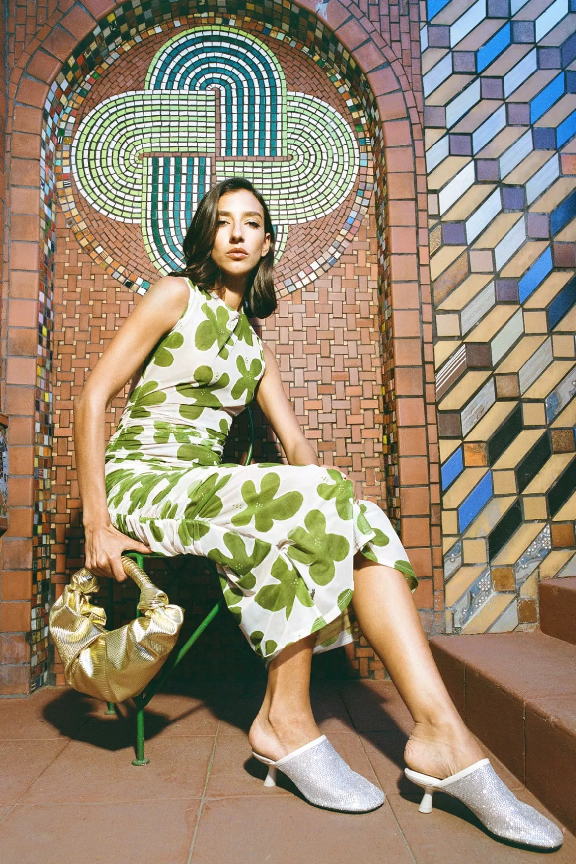 Tangier Printed Mesh Dress in Green/Seashell Floral