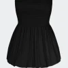 Via Smocked Mini Dress in Black