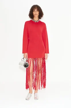 Wallis Knit Fringe Dress in Cherry Red