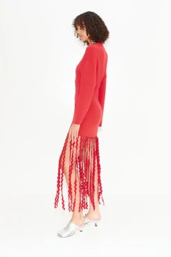 Wallis Knit Fringe Dress in Cherry Red