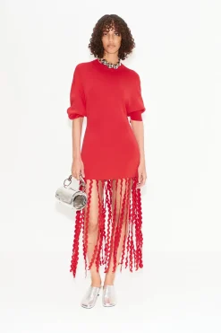 Wallis Knit Fringe Dress in Cherry Red
