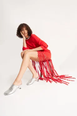 Wallis Knit Fringe Dress in Cherry Red